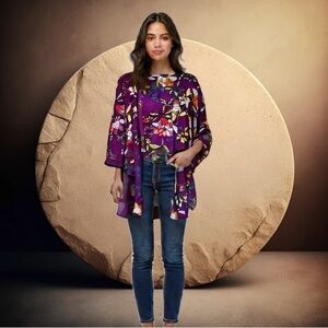 Peach Love California Floral Print Kimono‎ Duster Top Large